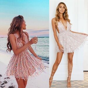 Hello Molly Try Your Luck Sequin Dress Size XS Nude Blush Rainbow Sequin Fringe